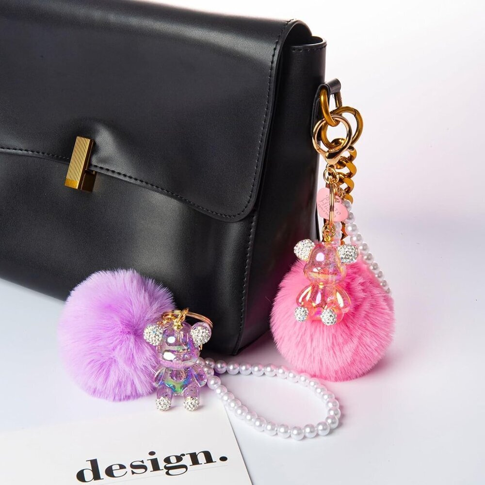 Cute Teddy Bear Keychain Bling Pom Pom Wristlet for Women Gifts - Picture 3 of 7